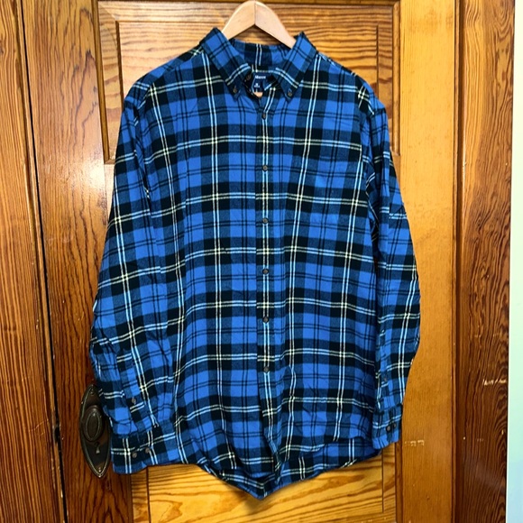 Women’s long flannel shirt button down collar single breast pocket blue & black - Picture 2 of 9